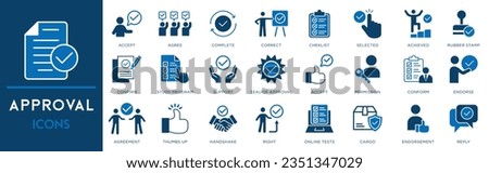 Approval icon set. Containing accept, certified, thumps up, agreement, approve, validation, seal approved, confirmation and decision icons.