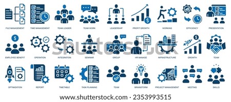 Business Management Outline Icon Collection. Thin Line Set contains such Icons as file management, time management, discussion, skill, Human Resource, Experience and more. Simple web icons set