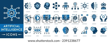 Artificial Intelligence line icons set. AI icons includes machine learning, AI Assistant, Virtual Intelligence, Automation Technology, AI technology, future, robots.