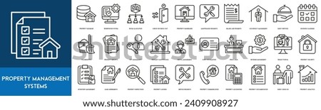 Property Management Systems Outline Icon Collection. Property Database, Reservation System, Room Allocation, Property Dashboard, Maintenance Requests, Check In and Check Out, Billing and Payments