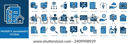 Property Management Systems Outline Icon Collection. Property Database, Reservation System, Room Allocation, Property Dashboard, Maintenance Requests, Check In and Check Out, Billing and Payments