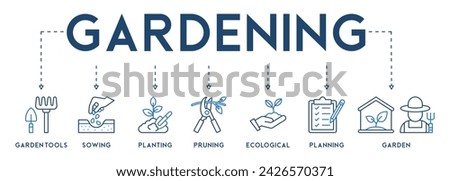 Gardening icons set and design elements vector illustration with the icon of garden tools, sowing, planting, pruning, ecological, planning and garden