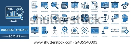 Business Analyst Outline Icon Collection. Data Analysis, Business Insights, Market Research, Data Visualization, Business Process, Analysis Report, Data Analytics and Business Strategy