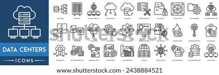 Data centers icon. Data Storage, Server, Network Connectivity, Cloud Computing, Backup, Server Maintenance, Security, Data Management, Virtualization and Data Recovery icon set.