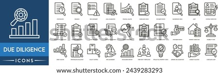 Due diligence icon. Investigation, Research, Risk Assessment, Legal Examination, Financial Analysis, Compliance Check, Document Review, Background Check, Audit and Contract Inspection icon set.