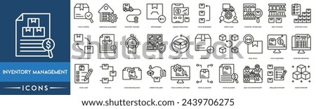 Inventory Management icon. Stock Control, Warehouse Management, Inventory Tracking, Replenishment, Demand Forecasting, Stock Reordering, Supply Chain and Inventory Optimization icon set.