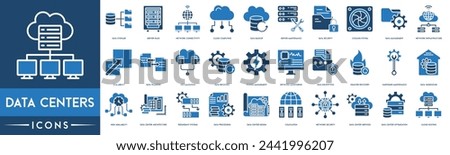 Data centers icon. Data Storage, Server, Network Connectivity, Cloud Computing, Backup, Server Maintenance, Security, Data Management, Virtualization and Data Recovery icon set.