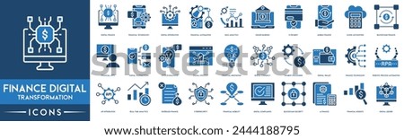 Finance Digital Tranformations icon. Digital Finance, Financial Technology, Digital Integration, Financial Automation, Data Analytics, Online Banking, E-payment, Mobile Finance and Cloud Accounting