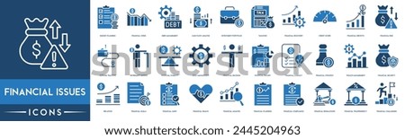 Financial Issues icon. Budget Planning, Crisis, Debt Management, Cash Flow Analysis, Investment Portfolio, Taxation, Financial Recovery, Credit Score, Financial Growth and Financial Risk