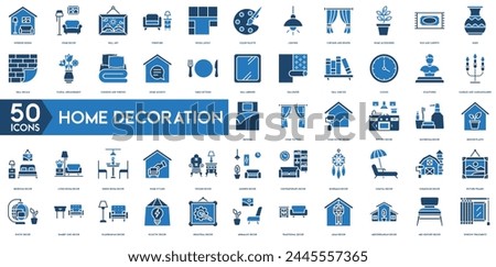 Home Decoration icon. Interior Design, Home Decor, Wall Art, Furniture, Room Layout, Color Palette, Lighting, Curtains and Drapes, Home Accessories, Rug and Carpets icon set.