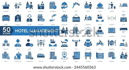 Hotel Management icon. Hotel Reception, Check-In, Check-Out, Concierge Service, Reservations, Room Service, Hotel Keys, Front Desk, Hotel Bell and Housekeeping icon set.