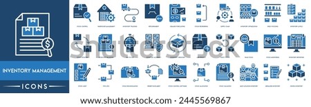 Inventor Management icon set. Stock Control, Warehouse Management, Inventory Tracking, Replenishment, Demand Forecasting, Stock Reordering, Supply Chain and Inventory Optimization