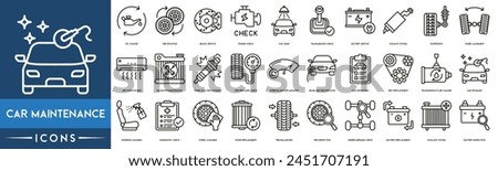 Car  Maintenance, Oil Change, Tire Rotation, Brake Service, Engine Check, Car Wash, Transmission Check, Battery Service thin line web icon set. Outline icons collection.