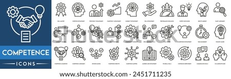 Competence, Skill Mastery,Expertise Development,Proficiency Enhancement,Competency Advancement,Capability Development,Skill Development line web icon set. Outline icons collection.