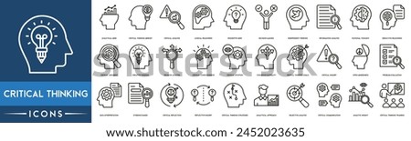 Critical Thinking icon set, Analytical Mind, Critical Thinking Mindset, Critical Analysis, Logical Reasoning, Inquisitive Mind, Decision Making, Independent Thinking, Information Analysis