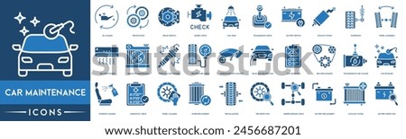 Car Maintenance, Oil Change, Tire Rotation, Brake Service, Engine Check, Car Wash, Transmission Check, Battery Service thin line web icon set. Outline icons collection.