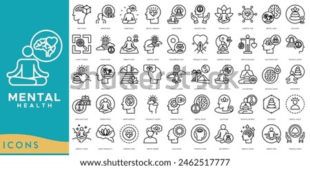 Mental Health icon set. Mind Space, Serene Mind, Inner Peace, Mental Harmony, Calm Haven, Peaceful Mind, Tranquil Self, Harmony Hub, Mental Oasis