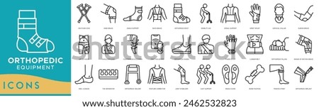 Orthopedic Equipment icon set. Crutches, Knee Brace, Ankle Support, Back Brace, Orthopedic Boot, Mobility Aid, Spinal Support, Wrist Splint, Cervical Collar, Elbow Brace