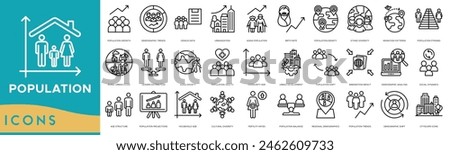 Population icon set. Population Growth, Demographic Trends, Census Data, Urbanization, Aging Population, Birth Rate, Density, Ethnic Diversity, Migration Patterns, Population Pyramid