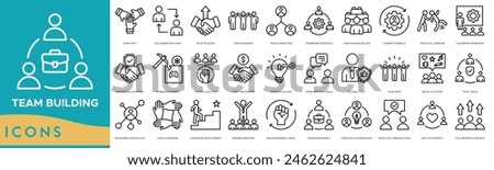 Team Building icon set. Team Unity, Collaboration, Trust Building, Group Bonding, Team Connection, Teamwork Essentials, Team Building Blocks, Synergy Symbols, Trust Fall Exercise, Leadership Workshop