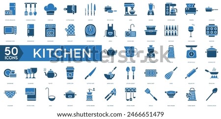 Kitchen icon. Kitchen Appliances, Cooking Utensils Chef's Hat, Cutting Board, Knife Set, Pot and Pan, Mixer, Blender, Coffee Maker, Toaster icon