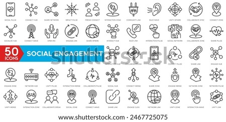 Social Engagement icon set. Social Pulse, Connect Hub, Share Network, Impact Pulse, Friend Connect, Interaction Zone, Community Link and Buzz Wave