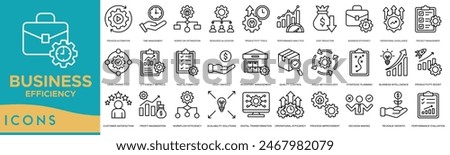 Business Efficiency icon set. Process Automation, Time Management, Workflow Optimization, Resource Allocation, Productivity Tools, Performance Analytics and Cost Reduction