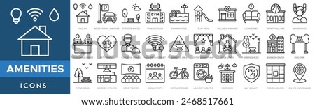 Amenities icon set. Facility, Recreational Amenities, Outdoor Spaces, Fitness Center, Swimming Pool, Play Area and Wellness Amenities