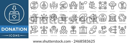 Donation icon set. Charity Giving, Donation Box, Philanthropic Support, Generosity Gesture, Financial Contribution, Volunteer Work and Charitable Giving