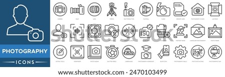 Photography icon. Camera, DSLR, Lens, Tripod, Shutter Button, Film Roll, Flash, Memory Card, Photography Studio, Lightbox and Photographer