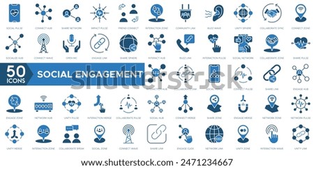 Social Engagement icon set. Social Pulse, Connect Hub, Share Network, Impact Pulse, Friend Connect, Interaction Zone, Community Link and Buzz Wave