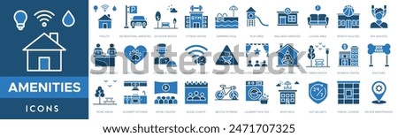 Amenities icon set. Facility, Recreational Amenities, Outdoor Spaces, Fitness Center, Swimming Pool, Play Area and Wellness Amenities