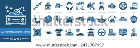 Automotive eCommerce icon. Vehicle Parts, Elite Garage, Automotive Tools, Auto Care, Car Electronics, Vehicle Maintenance, Automotive Lighting and Engine Components