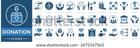 Donation icon set. Charity Giving, Donation Box, Philanthropic Support, Generosity Gesture, Financial Contribution, Volunteer Work and Charitable Giving