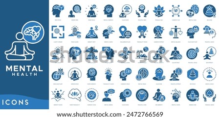 Mental Health icon set. Mind Space, Serene Mind, Inner Peace, Mental Harmony, Calm Haven, Peaceful Mind, Tranquil Self, Harmony Hub, Mental Oasis