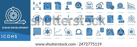 Scrum Development icon set. Scrum Team, Sprint Planning, Product Backlog, User Story, Sprint Review, Daily Standup, Scrum Master, Sprint Backlog, Agile Development, Burndown Chart