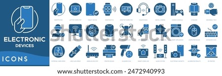 Electronic Devices icon set. Smartphone, Laptop Computer, Tablet Device, Smartwatch, Desktop Computer, Headphones and Digital Camera