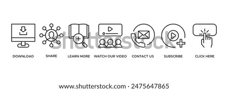 Call to action banner website icon illustration concept with icon of download, share, learn more, watch our video, contact us, subscribe, and click here