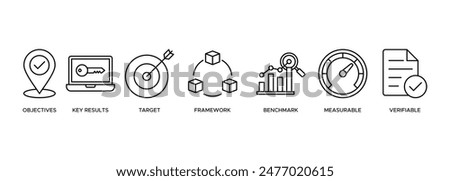 Banner OKR icon web illustration concept for objectives and key results with icon of objective, key results, target, framework, benchmark, measurable, and verifiable