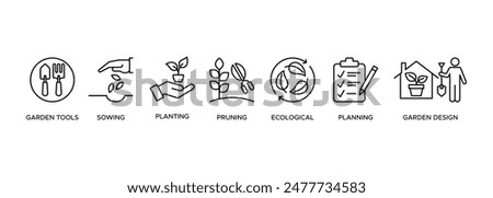 Gardening icons set web banner and design elements illustration with the icon of garden tools, sowing, planting, pruning, ecological, planning and garden