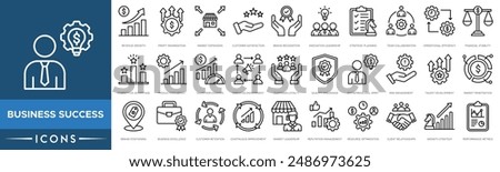 Business Success icon set.Revenue Growth, Profit Maximization, Market Expansion, Customer Satisfaction, Brand Recognition, Innovation Leadership, Strategic Planning and Team Collaboration