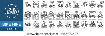 Bike Hire icon set. Bicycle Rental, Bike Sharing, Cycle Hire, Rent Bikes, Rental, Two Wheeler Hire, Electric Bike Rentals, Bike Leasing, Cycle Sharing