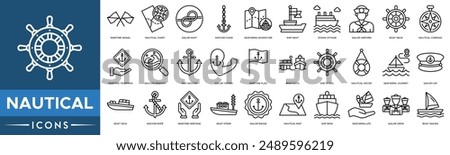 Nautical icon. Maritime Signal, Nautical Chart, Sailor Knot, Anchor Chain, Seafaring Adventure, Ship Mast, Ocean Voyage, Sailor Uniform and Boat Helm