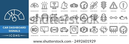 Car Dashboard Signals icon. Dashboard Indicator, Warning Light, Signal Display, Alert Notification, Instrument Panel, Fuel Gauge Display, Seatbelt Reminder , Indicator Light and Warning Signal