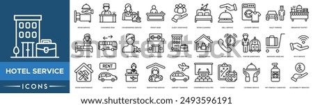 Hotel Service icon set. Room Service, Concierge Desk, Housekeeping Service, Front Desk, Guest Assistance, Room Cleaning and Bell Service