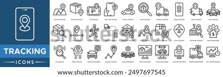 Tracking icon set. Location Tracking, Package Tracking, GPS Tracking, Asset Monitoring, Vehicle Monitoring, Location Monitoring, Shipment Management and Real time Monitoring