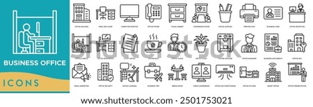 Business office icon. Office Building, Desk and Chair, Computer Monitor, Office Phone and Filing Cabinet