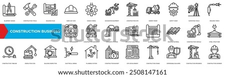 Construction Business icon. Blueprint Design, Construction Tools, Building Plan, Hard Hat Icon and Crane Symbol