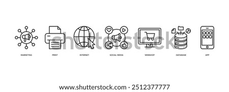 Cross media icon vector illustration banner web concept with icon of print, internet, social media, app, multichannel marketing, webshop and database