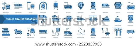 Public Transportation icon. Transit System, Commuter Train, Bus Stop, Subway Station and Tram Car